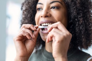 Woman with curly hair inserting clear aligner tray into upper arch; hands holding tray at incisors
